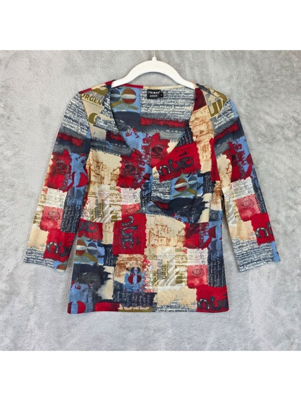 Tribal Blouse Womens M Multicolor V Neck 3/4 Sleeve Abstract Print Mesh Top